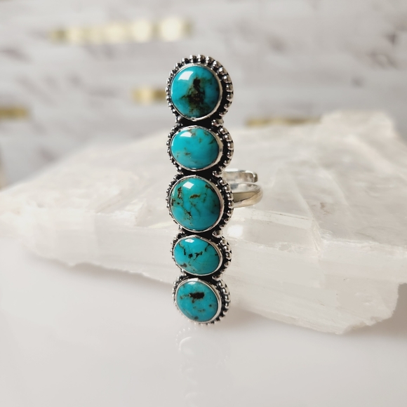 Long Turquoise Solid Sterling Silver Adjuatable Ring - Picture 2 of 4